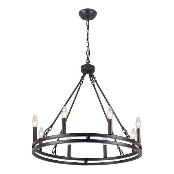 ADSENSTY 8-Light Black Candle Style Wagon Wheel Chandelier Dimmable Pendant Light