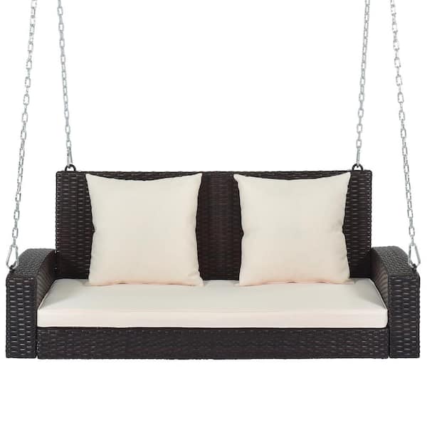 Angel Sar 2-Person Wicker Hanging Porch Swing with Chains and Cushions, Black Wicker and White Cushion