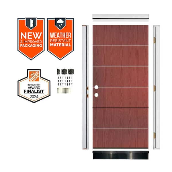 DIY 36 in. x 79 in. Right-Hand 6-Grid Solid Panel Redwood Stain Fiberglass Front Door Kit w/ Quick Assemble Jamb