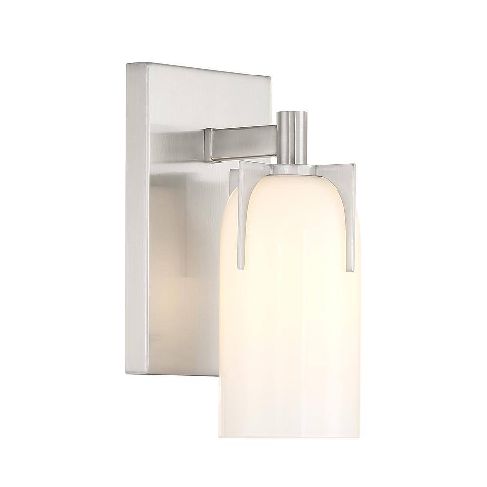 Satin Nickel Outdoor Dimmable Wall Sconce with Etched White Opal Glass Shade