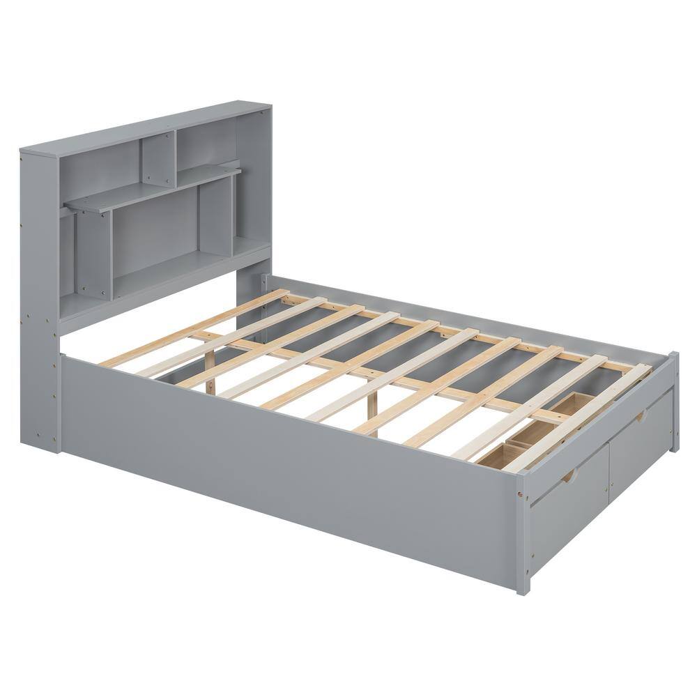 Qualler Gray Wood Frame Full Size Platform Bed with Storage Headboard ...