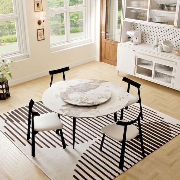 59.05 in. Modern Round White Rotary Lazy Susan Sintered Stone Dining Table with Gold Carbon Steel Legs (Seat 8)