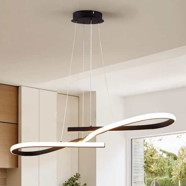 1-Light Black Modern Linear LED Chandelier Dimmable Pendant Light for Dining Room