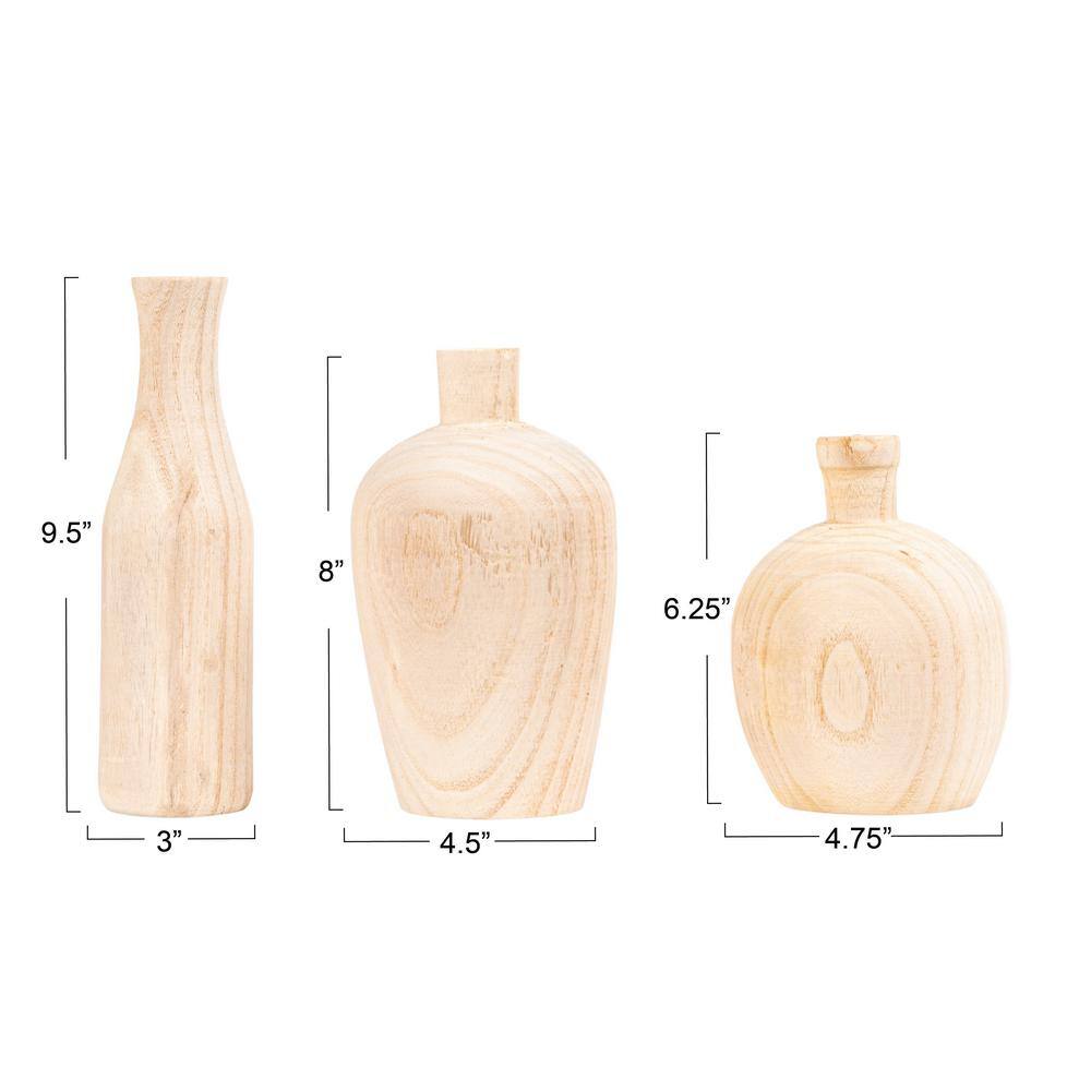Set of 3 Light Wood Bottle and Gourd Shaped Vases