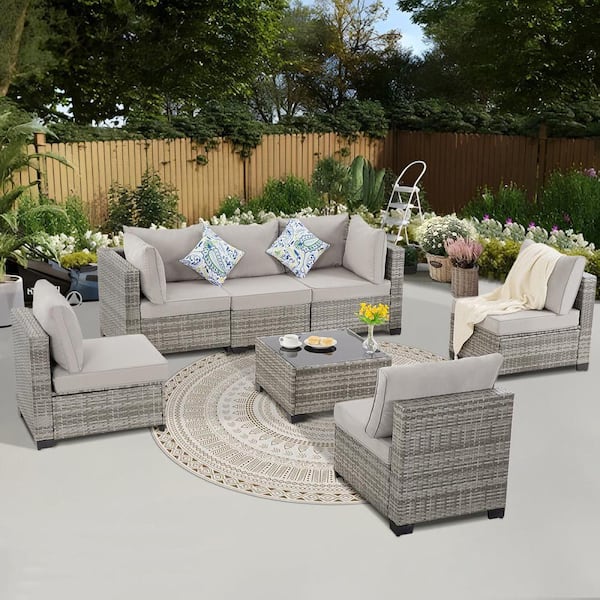 Zeus & Ruta 7 Pieces All Weather Wicker Patio Conversation Set Outdoor Sectional Sofa with Gray Cushions for Garden