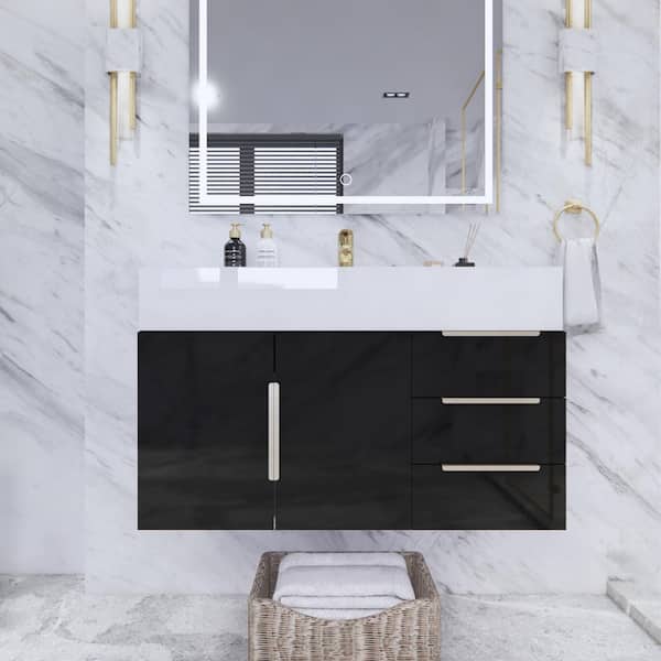Bethany 36 in. W x 20 in. D x 22 in. H Single Sink Floating Bath Vanity in Gloss Black with White Acrylic Top