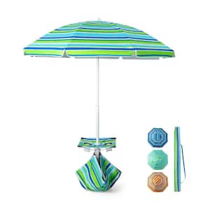 6,5 ft. Metal Tilt Beach Umbrella with Cup Holder Table and Sandbag in Green
