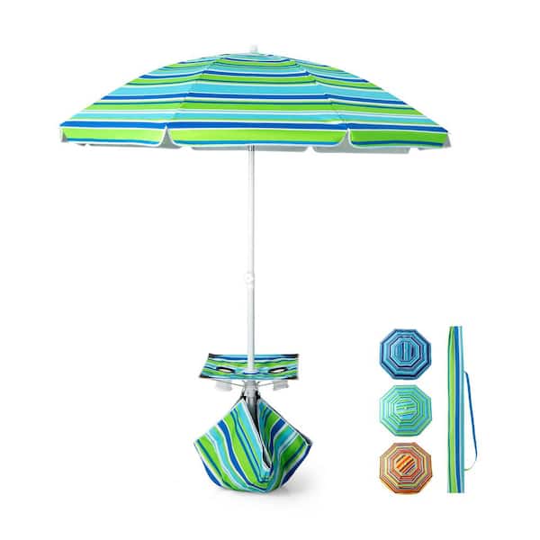 ANGELES HOME 6.5 ft. Metal Tilt Beach Umbrella with Cup Holder Table and Sandbag in Green