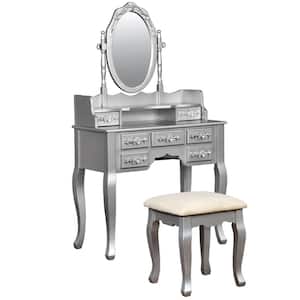Harriet Vanity with Padded Stool and Storage Drawers - Silver