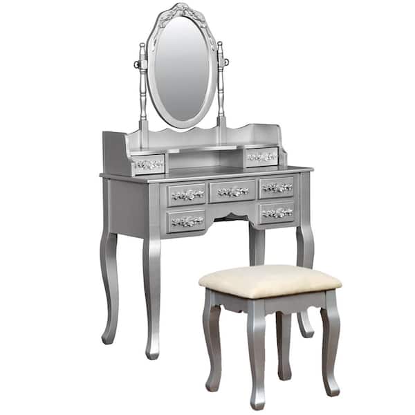 William's Home Furnishing Harriet Vanity with Padded Stool and Storage Drawers - Silver