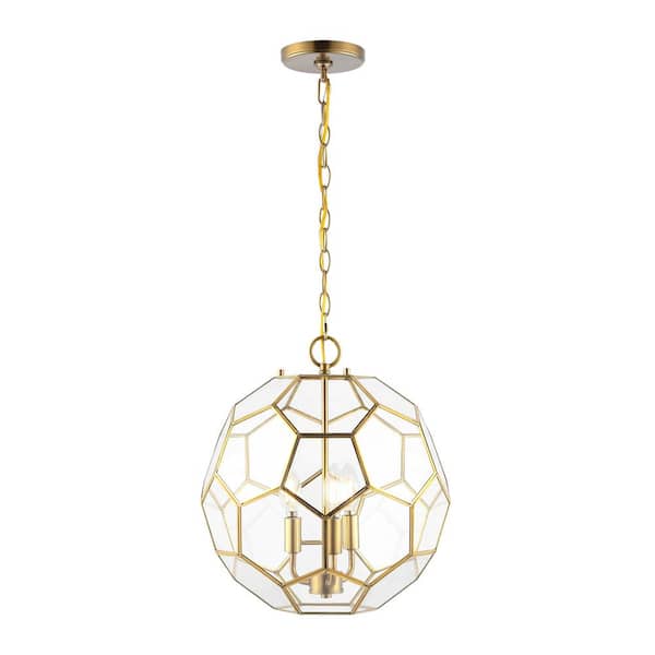 Bee 13.5 in. 3-Light Modern Bohemian Iron/Glass LED Pendant, Brass Gold/Clear