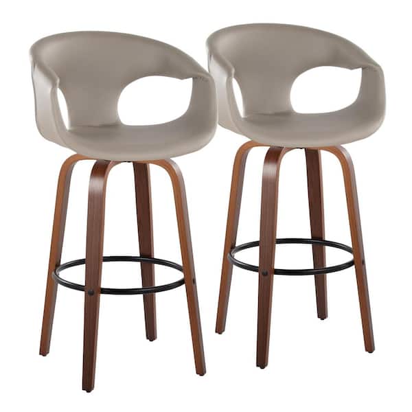 LumiSource Curva 29.25 in. Lt Grey Faux Leather, Walnut Wood and Black Metal Fixed-Height Bar Stool with Round Footrest (Set of 2)