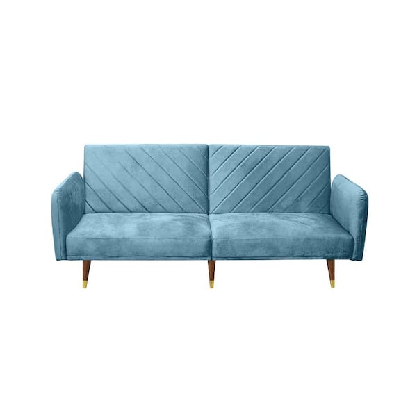 Unbranded Modern 76 in. W Blue Velvet Full Size Sofa Bed with Adjustable Backrest and Solid Wood Legs