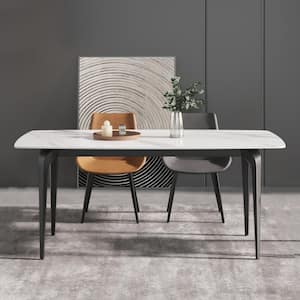 70.87 in. Rectangle White Round Edge Sintered Stone Top Black Metal 4 Legs Dining Table (Seats 6)