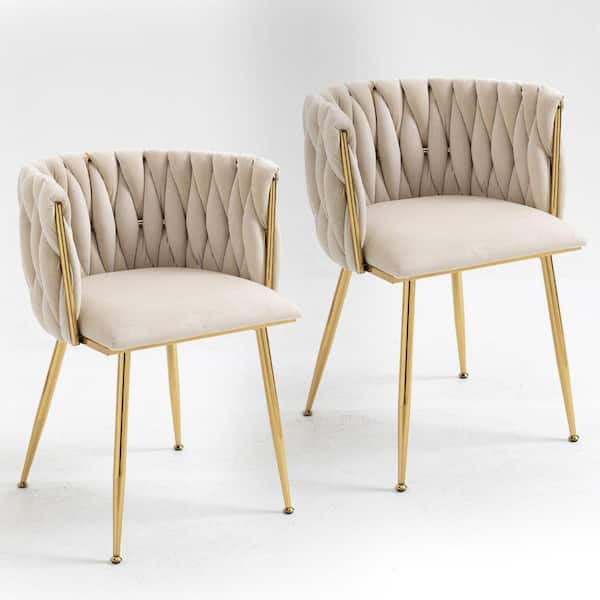 Modern Ivory Velvet Leisure Dining Arm Chair with Metal Legs (Set of 2)