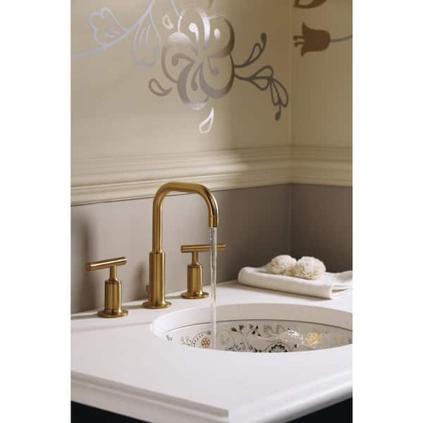 KOHLER - Purist 8 in. Widespread 2-Handle Mid-Arc Water-Saving Bathroom Faucet in Vibrant Modern Brushed Gold