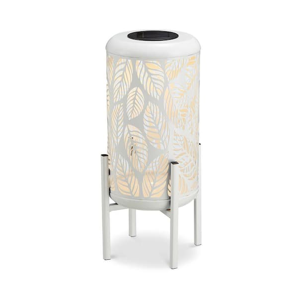 Glitzhome 14.2 in. H White Metal Cutout Leaves Pattern Solar Powered LED Outdoor Lantern with Stand