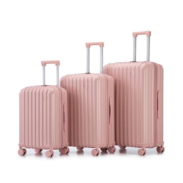 Peach 3-Piece Pink ABS Hardside Spinner Wheel Luggage Set with Combination Lock, USB Port, Phone Holder, Cup Holder