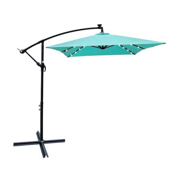Runesay 10 FT. x 6.5 FT. Rectangular Patio Beach Market Solar LED Lighted Umbrella with Crank and Cross Base in Turquoise