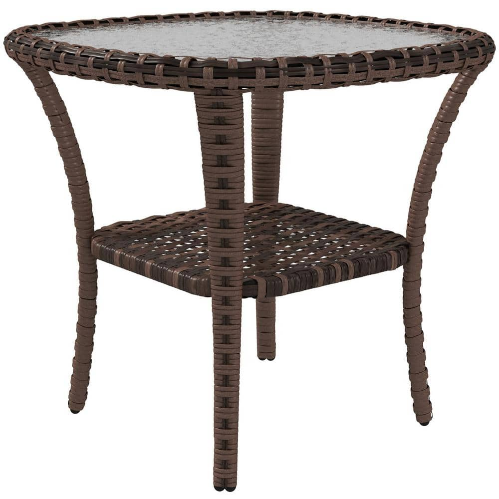 Outdoor Wicker Mix Brown Rattan Patio Side Table With Tempered Glass