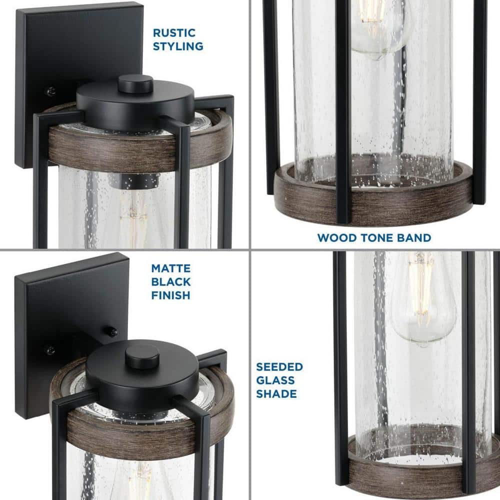 Matte Black Steel Outdoor Wall Lantern with Seeded Glass