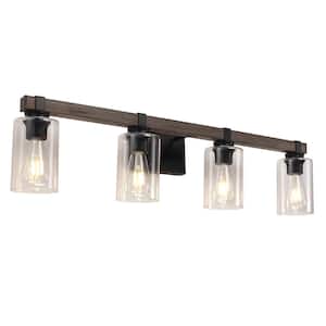 34.64 in. 4-Light Black and Wood Grain Vanity Light with Clear Glass Shade
