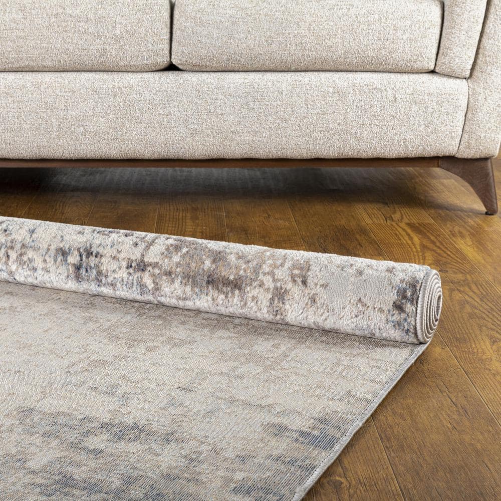 Taupe and Blue Modern Polypropylene Area Rug, 6'7" x 9'