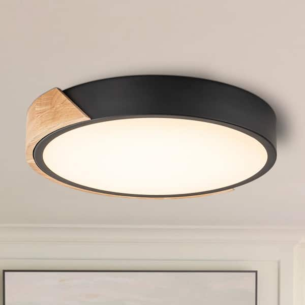 12.75 in. Black Dimmable 20-Watt Selectable LED Flush Mount Ceiling Light 2700K 3000K 4000K 5000K 6500K with Wood Accent