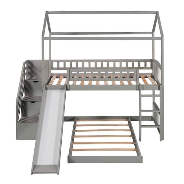ANBAZAR Gray Twin Over Twin House Bunk Bed with Slide and 2 Drawers, Sturdy Kids Bunk Bed Frame with House Roof and Staircases