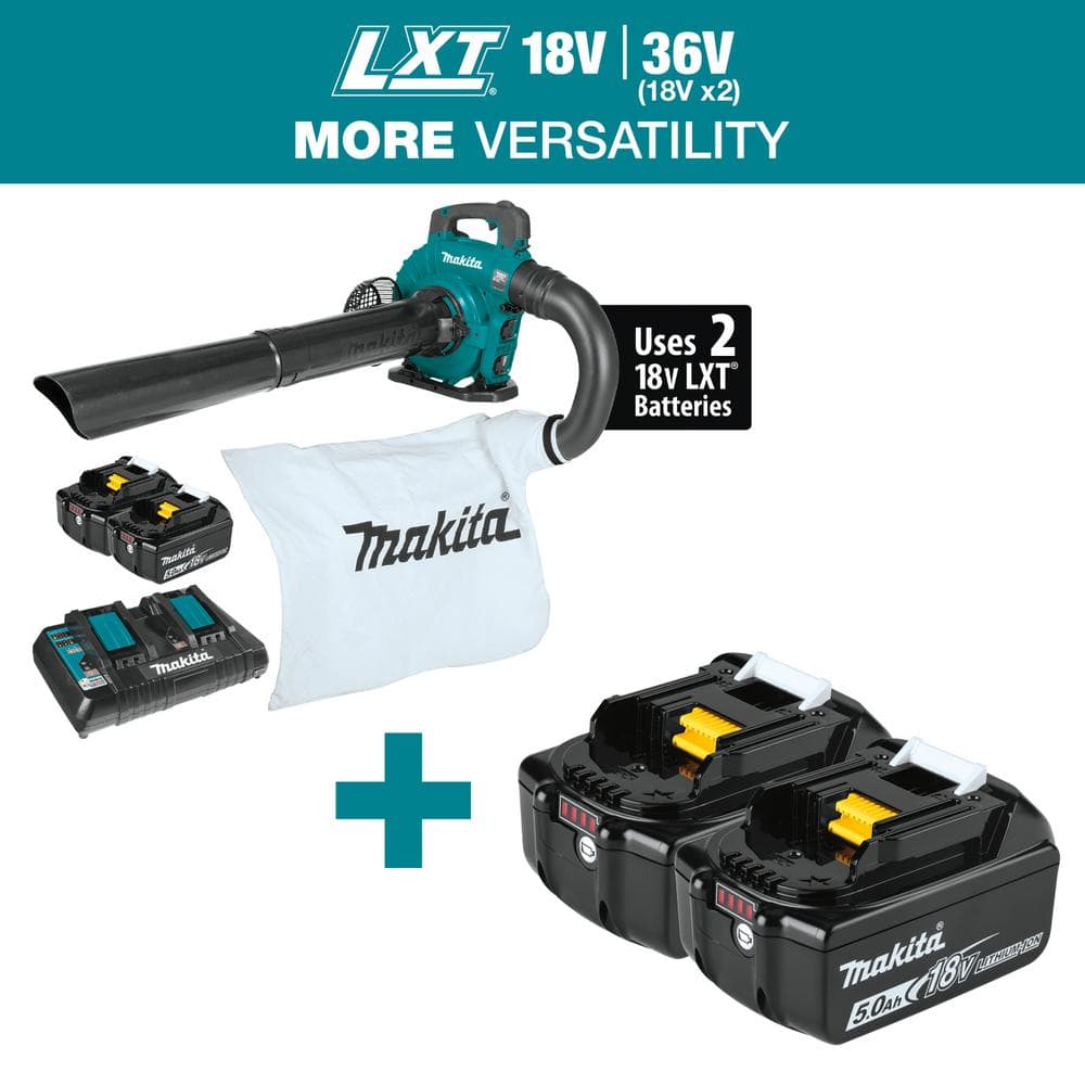 Makita 120 MPH 473 CFM LXT 18V X2 36V Brushless Leaf Blower Kit w Vac Attach Kit 5.0Ah with LXT 18V Battery 5.0 Ah 2 Pk XBU04PTV BL1852 The Home Depot