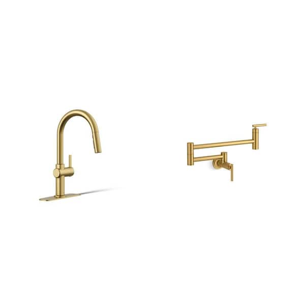 Clarus Pull Down Sprayer Kitchen Faucet and Wall Mount Pot Filler in Vibrant Brushed Moderne Brass