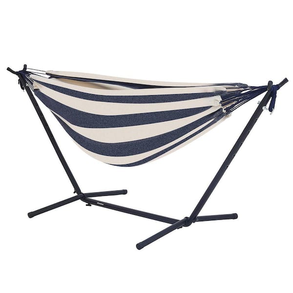 6.5 ft. Hammock Bed with Detachable Stand in White and Blue