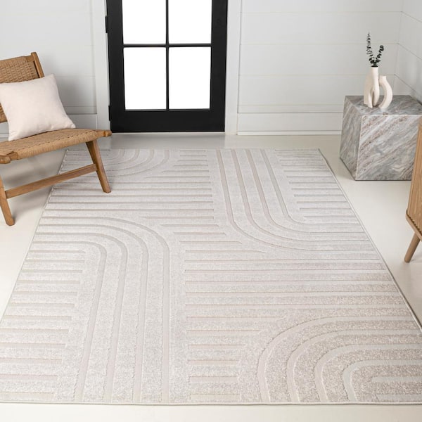 Anders High-Low MidCentury Modern Arch Stripe 2-Tone White/Cream 8 ft. x 10 ft. Indoor/Outdoor Area Rug