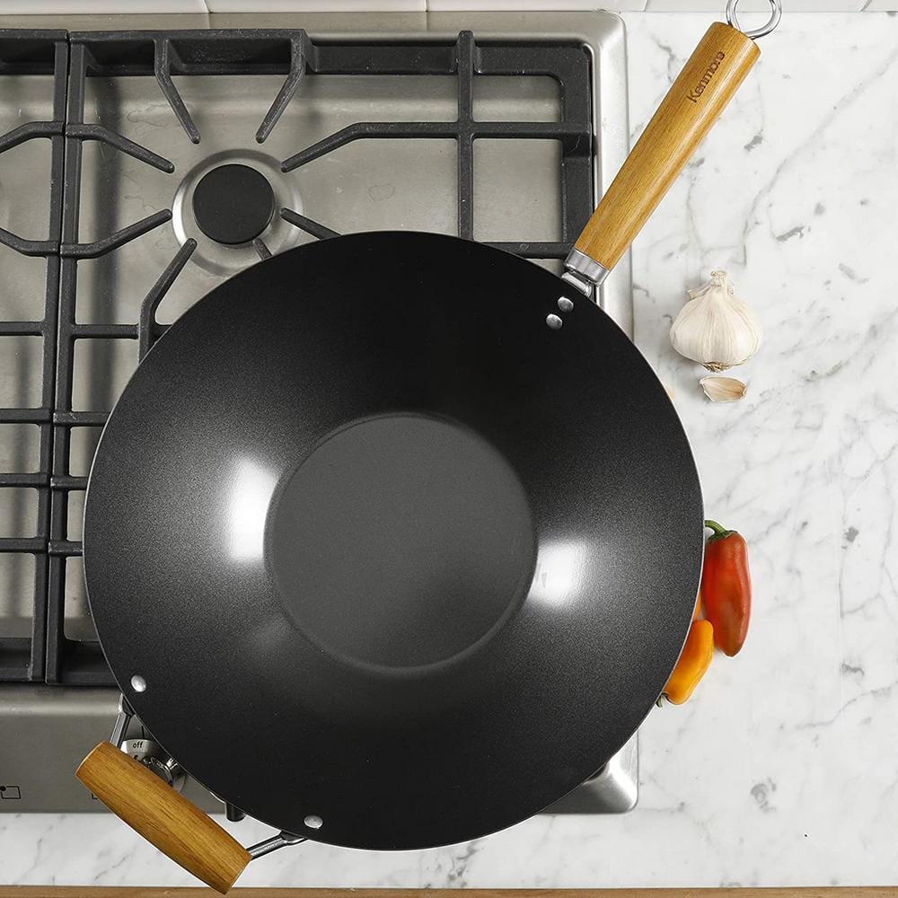 Kenmore 14-Inch Black Carbon Steel Wok with Wood Handle