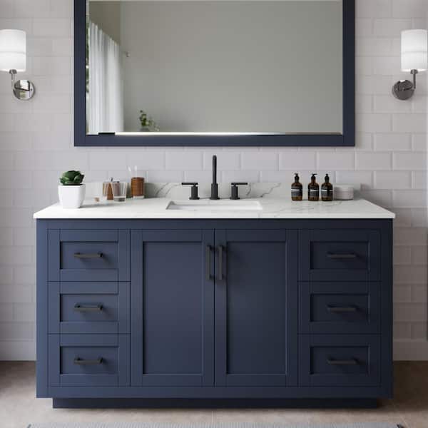 Wyndham Collection Miranda 60 in. W x 22 in. D x 33.75 in. H Single Bath Vanity in Dark Blue with Giotto Quartz Top and 58 in. Mirror