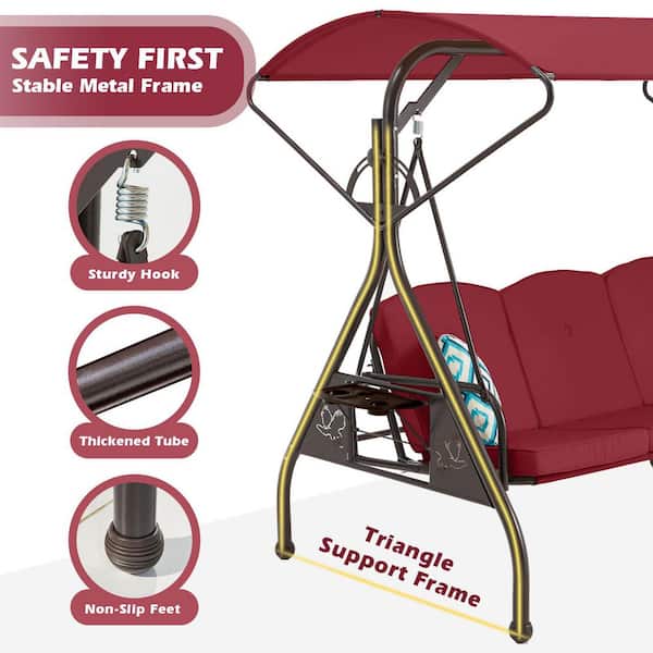 ZZW 3-Seat Metal Patio Swing with Adjustable Stand Canopy Wine Red