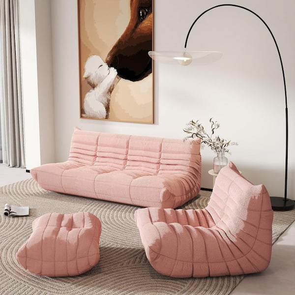 (Set of 3) Pink Teddy Velvet Polyester Large 45-72 in. Fireside Lazy Sofa Rebound Sponge Floor Couch with Chair, Ottoman
