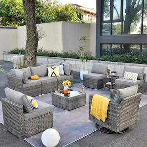 Sanibel Gray 9-Piece Wicker Outdoor Patio Conversation Sofa Set with a Swivel Rocking Chair and Dark Gray Cushions