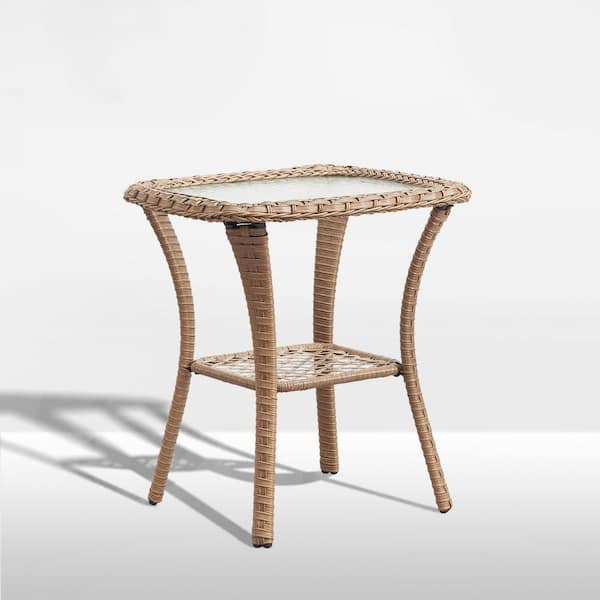 ArcoBay Yellow Square Wicker Outdoor Side Table with Tempered Glass Top and Lower Wicker Storage Shelf