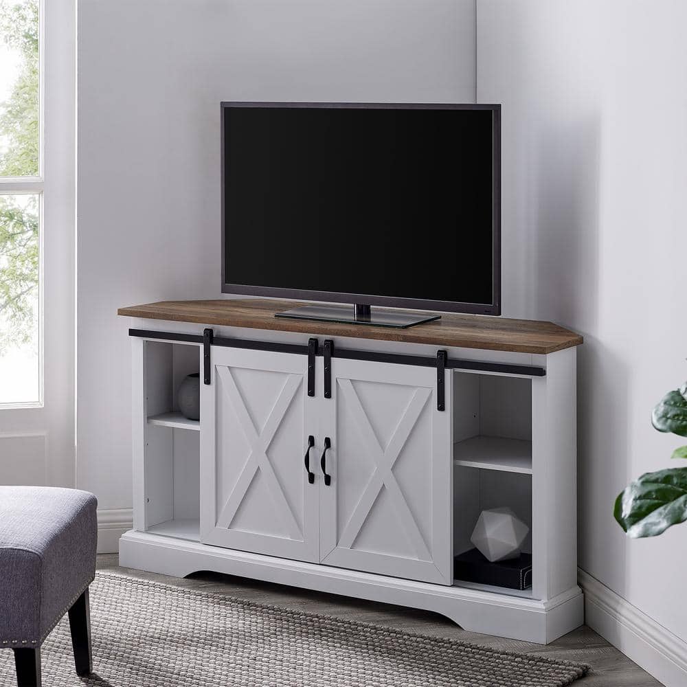 White and Brown MDF Corner TV Stand with Sliding Barn Doors