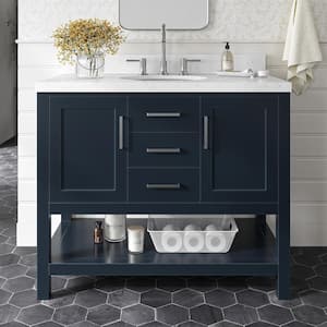 Bayhill 42 in. Single Sink Freestanding Bathroom Vanity in Midnight Blue with Carrara White Quartz Top