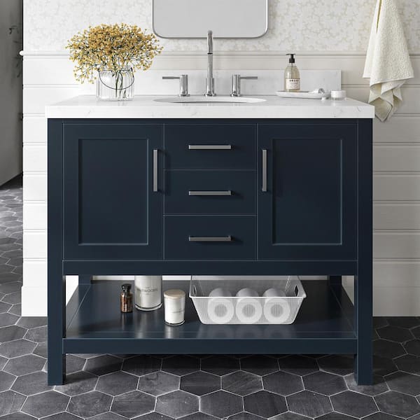 ARIEL Bay Hill 42.25 in. W x 22 in. D x 36 in. H Single Sink Freestanding Bath Vanity in Midnight Blue with Man-Made Stone Top
