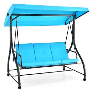 3-Person Black Metal Patio Swing with Adjustable Canopy and Blue Cushion