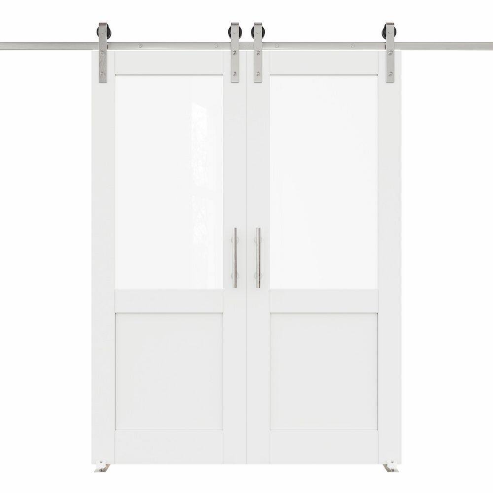 60 in. x 80 in. 1/2-Lite Tempered Clear Glass White Primed Solid Core MDF Sliding Barn Door with Hardware Kit Nickel price history on PriceWatchPro