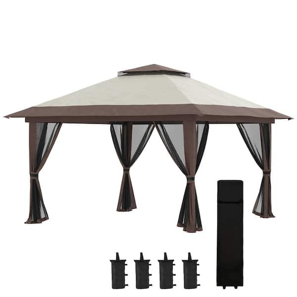 13 ft. x 13 ft. Khaki Instant Pop Up Gazebo Canopy Tent Shelter with Solar LED Lights, Wheeled Roller Carry Bag