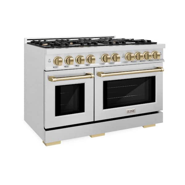 Autograph 48 in. Select Double Oven Dual Fuel Range with 8 Burners in Satin Steel and Champagne Bronze Accents