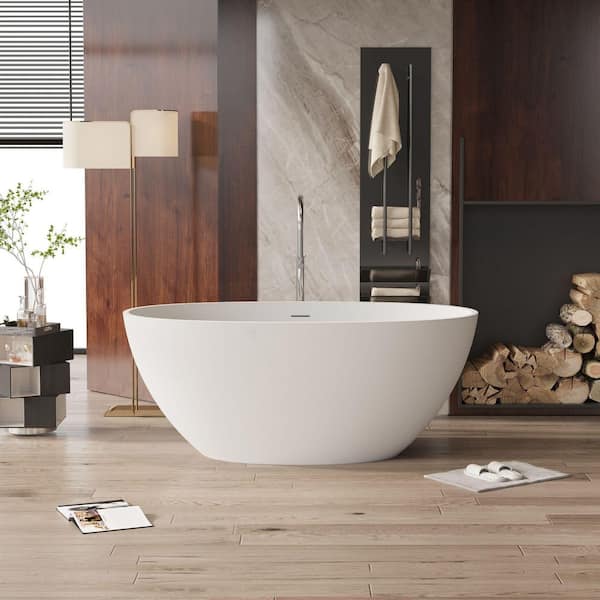 Foyil 55 in. x 31 in. Solid Surface Stone Resin Flatbottom Freestanding Bathtub Soaking Bathtub in Matte White
