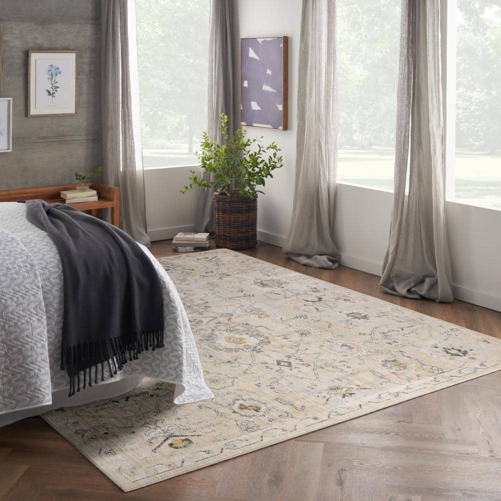 Cream Floral Rectangular Synthetic Rug with Jute Backing
