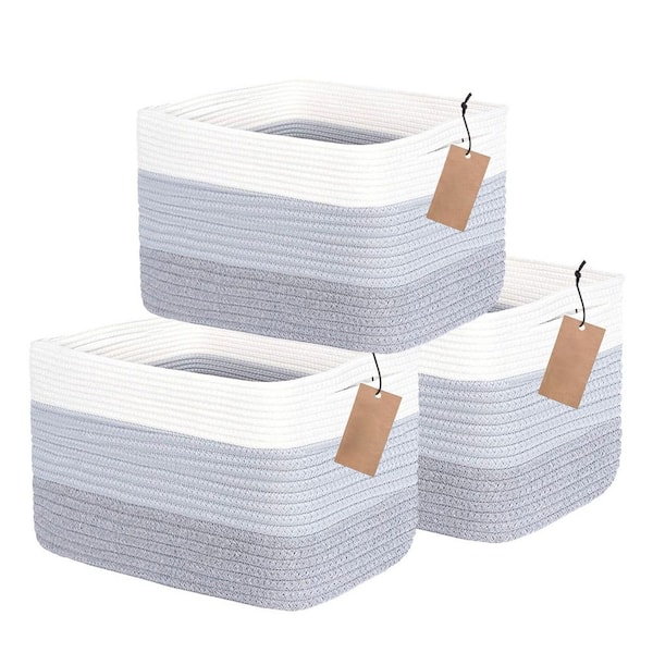 Afoxsos White 11 in. x 9.5 in. Cotton Decorative Basket Set of 3 With Handles for Shelves, Toy, Book, Cloth Storage Basket