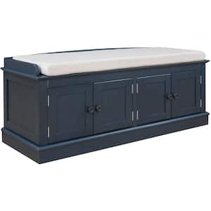 Antique Navy Storage Bench w/ 4-Doors & Adjustable Shelves, Shoe Bench w/ Cushion (42.7 in. L x 16 in. W x 17.4 in. H )